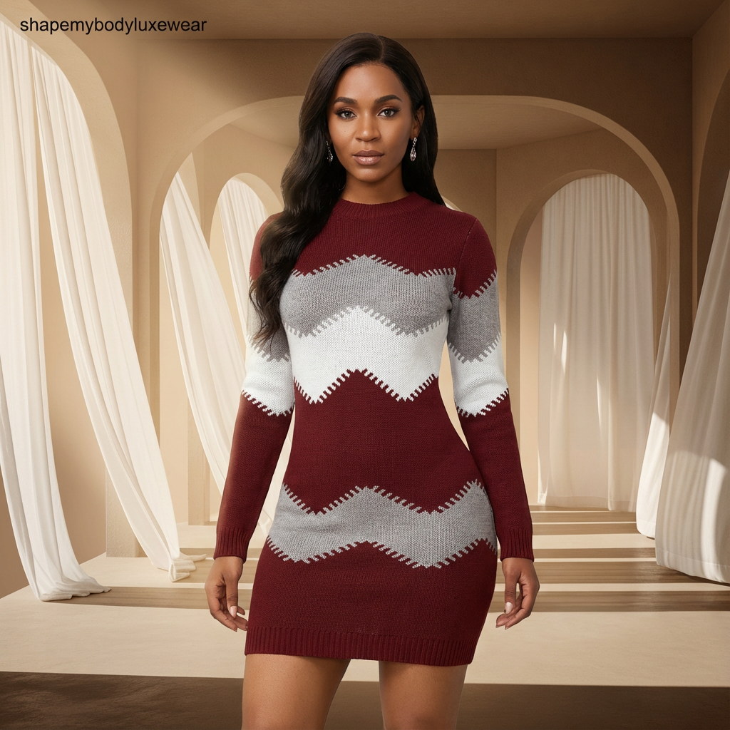 Shape My Body CozyKnit™ Patchwork Turtleneck Sweater Dress – Elegant Winter Mini