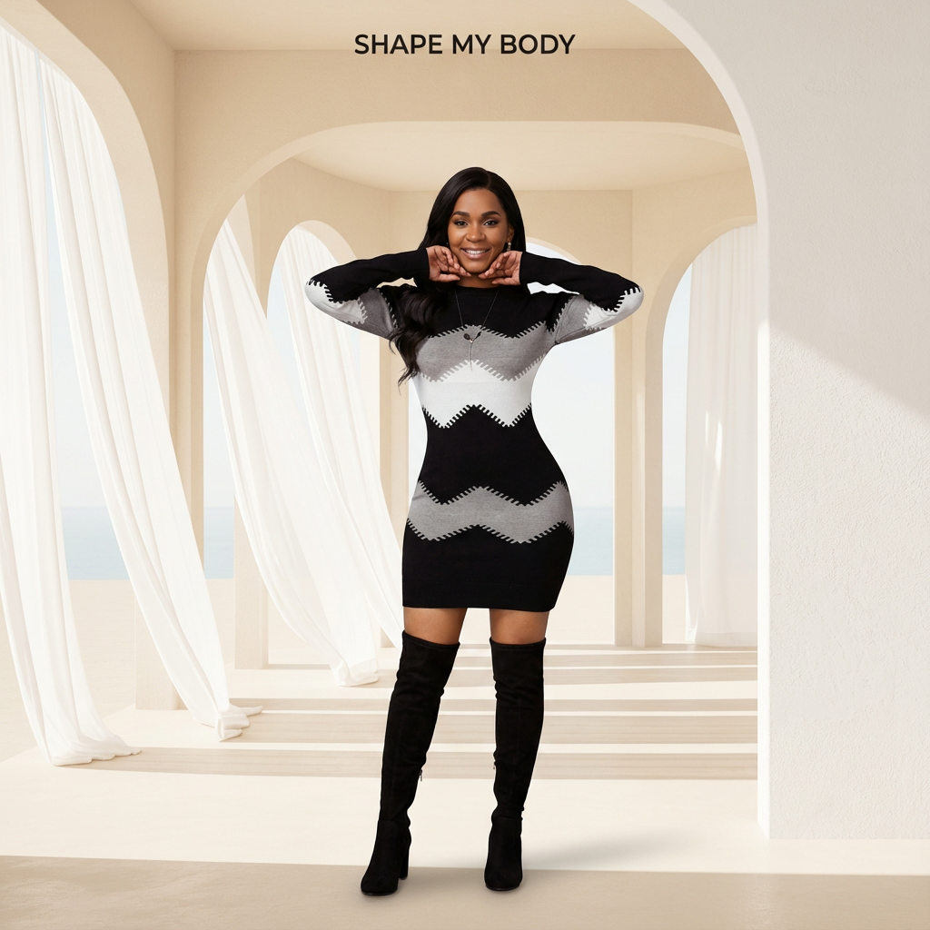 Shape My Body CozyKnit™ Patchwork Turtleneck Sweater Dress – Elegant Winter Mini